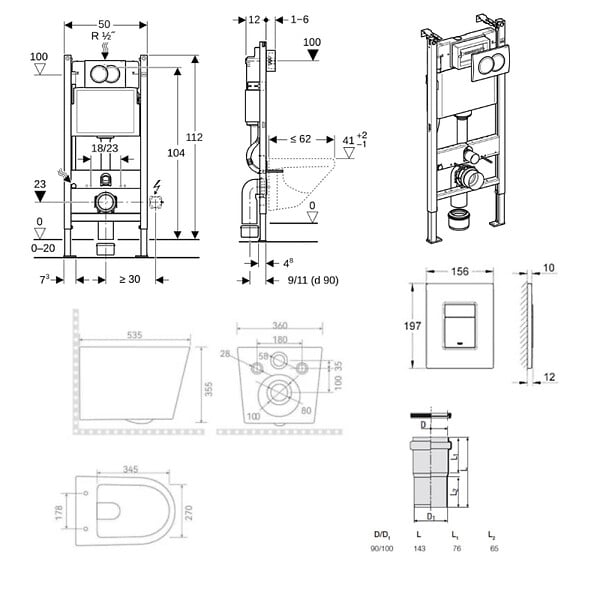 GEBERIT - Duofix Pack WC bâti-support + WC suspendu sans bride avec abattant SoftClose Ceramia + plaque blanche (GEBCE14WT02FR-FS) - large