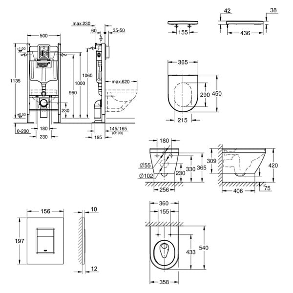 GROHE - Rapid SL pack WC bâti-support autoportant + WC sans bride Grohe avec abattant SoftClose + plaque (GRGRWR08-FR) - large