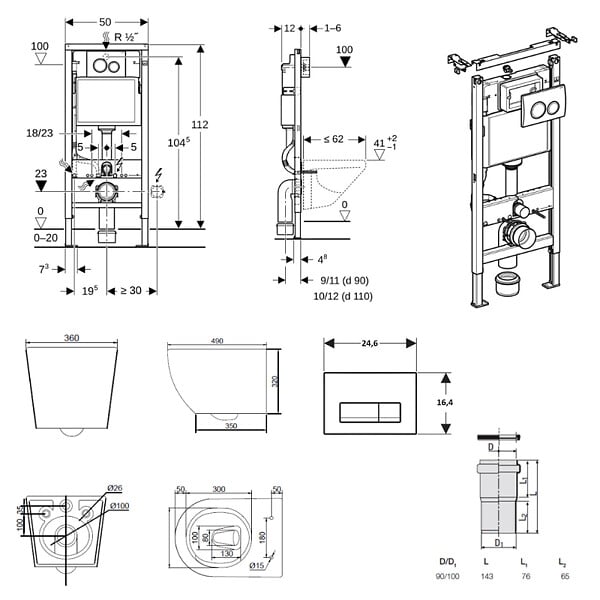 GEBERIT - Duofix pack WC bâti-support 112 cm + WC suspendu sans bride Ceramia PixL avec abattant SoftClose + plaque (GEBCEPXBMT05-FR) - large