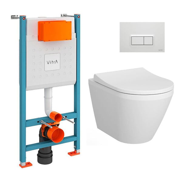 VITRA - Pack WC Bâti-support V-Fix Core + WC sans bride Integra, fixations invisibles + Plaque, Blanc Brillant (V-FixIntegraRimless-1) - large