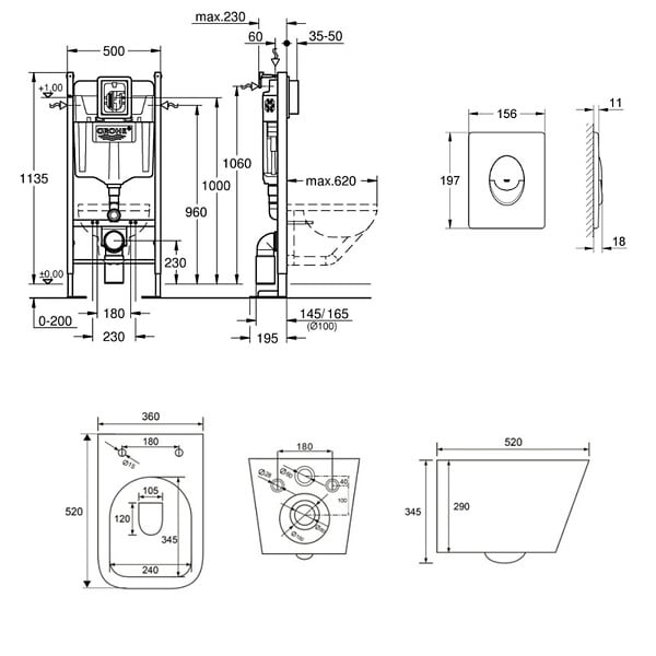 GROHE - Rapid SL pack WC bâti autoportant + WC suspendu sans bride Swiss Aqua Technologies + abattant + plaque (GRRSTINFWR03MAN-FR) - large