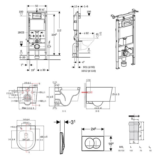 GEBERIT - Duofix UP100 Pack WC bâti + WC suspendu sans bride avec abattant SoftClose Swiss Aqua Technologies + plaque (GEBSTBRWR02MAN-FR) - large