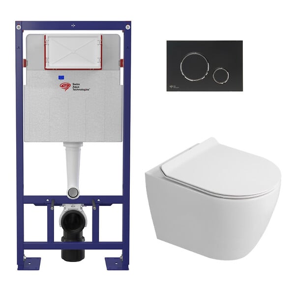 SWISS AQUA TECHNOLOGIES - Pack WC bâti-support autoportant + WC sans bride Ceramia PixL avec abattant SoftClose + plaque noir (STCEPXWT02-U) - large