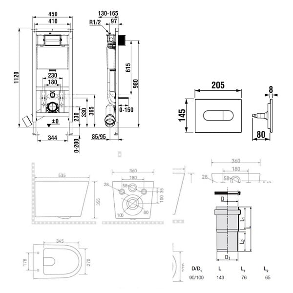 ROCA - Pack WC bâti-support + WC suspendu sans bride Ceramia avec abattant SoftClose + plaque (ROCE14WT02-FR) - large