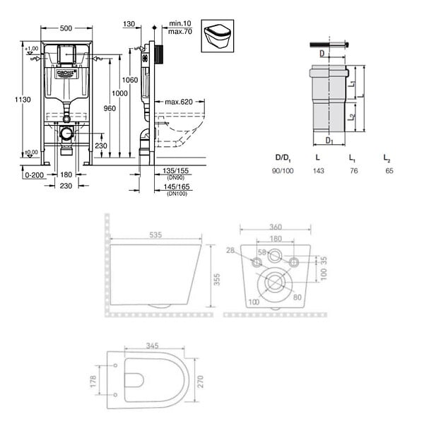 GROHE - Rapid SL pack WC bâti-support + WC sans bride Ceramia avec abattant SoftClose + plaque noir mat (GRRCE14BMT01FR-FS) - large