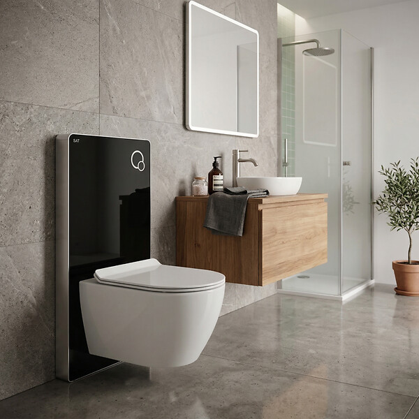 SWISS AQUA TECHNOLOGIES - Glass pack WC bâti-support avec plaque de commande + WC suspendu Ceramia sans bride avec abattant SoftClose (STGLBCEPXWT01-FR) - large