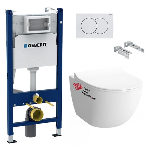 GEBERIT - Pack WC sans bride Infinitio, fixations invisibles + Abattant softclose slim + Bâti support Geberit UP100 + Plaque blanche - large