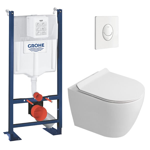 GROHE - Rapid SL Pack WC bâti autoportant + WC suspendu sans bride Ceramia avec abattant SoftClose + plaque blanche (GRRCEPXWR02FR-FS) - large
