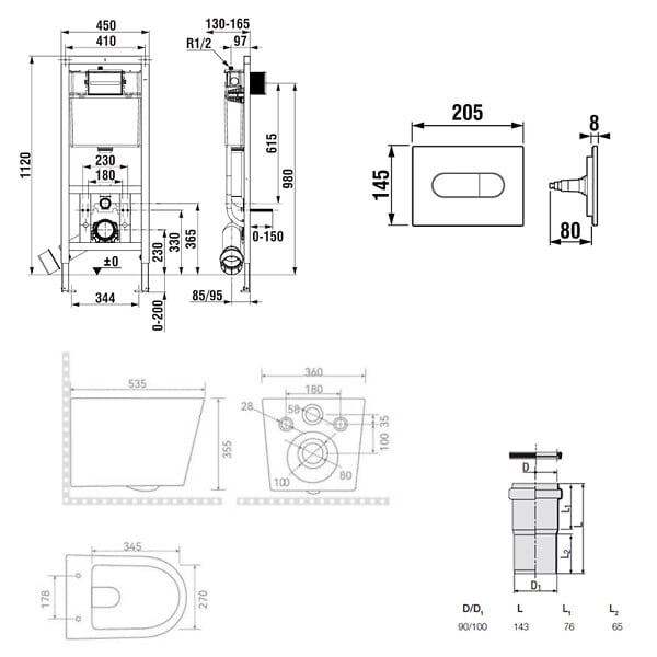 ROCA - Pack WC bâti-support + WC suspendu sans bride Ceramia avec abattant SoftClose + plaque (ROCE14WT01-FR) - large