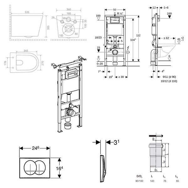 GEBERIT - Duofix UP100 Pack WC bâti + WC suspendu sans bride avec abattant SoftClose Ceramia + plaque blanche (GEBCE14WT02MAN-FR) - large