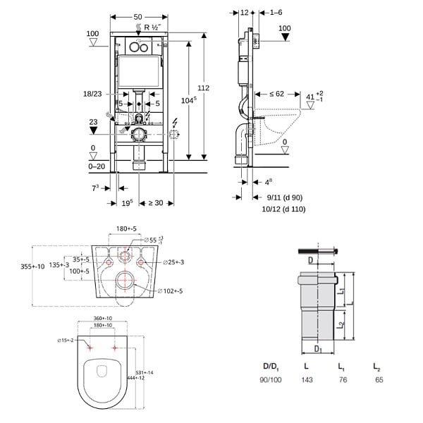 GEBERIT - Duofix pack WC bâti-support + WC suspendu sans bride Swiss Aqua Technologies avec abattant SoftClose + plaque (GEBSTBRWR02-FR) - large