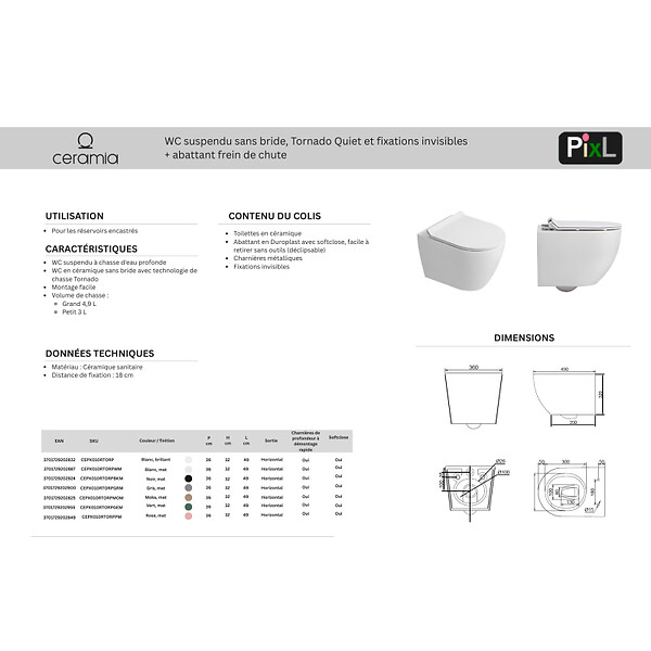 GEBERIT - Duofix Pack WC bâti-support + WC suspendu sans bride Ceramia PixL avec abattant SoftClose + plaque (GEBCEPXBMT01FR-FS) - large