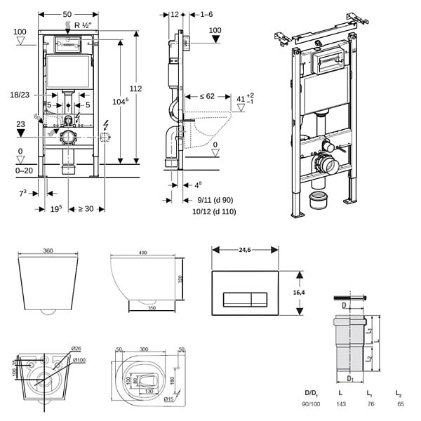 GEBERIT - Duofix pack WC bâti-support 112 cm + WC suspendu sans bride Ceramia PixL avec abattant SoftClose + plaque (GEBCEPXBMT04-FR) - large
