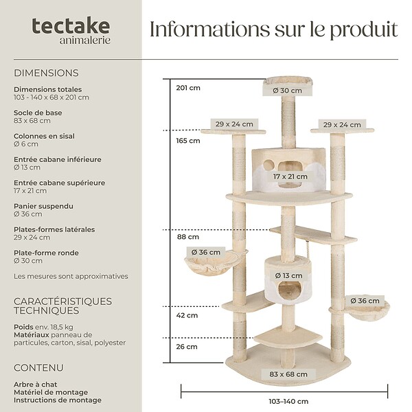 TECTAKE - Arbre à Chat FIPPI 201 cm beige/blanc - large
