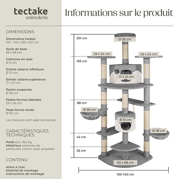 TECTAKE - Arbre à Chat FIPPI 201 cm gris/blanc - large