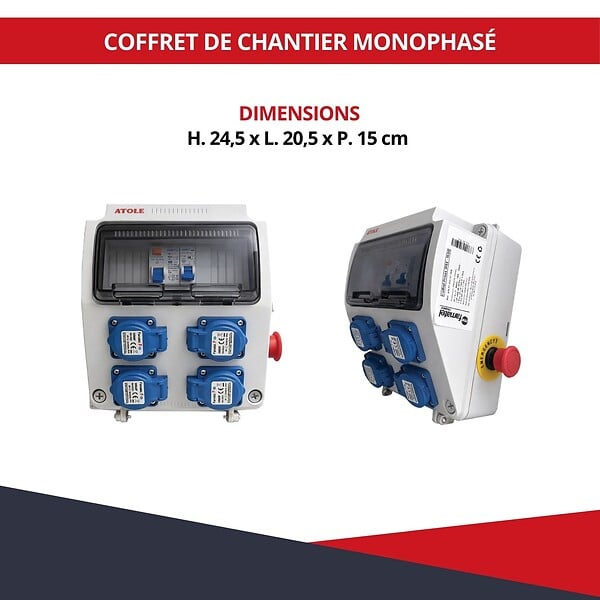 ATOLE - Coffret de Chantier Monophasé 250V ATOLE - 4 Prises NF 2P+T - 16A - 9 Modules - Coffret Électrique sans câble - large