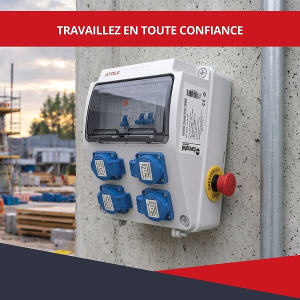 ATOLE - Coffret de Chantier Monophasé 250V ATOLE - 4 Prises NF 2P+T - 16A - 9 Modules - Coffret Électrique sans câble - large