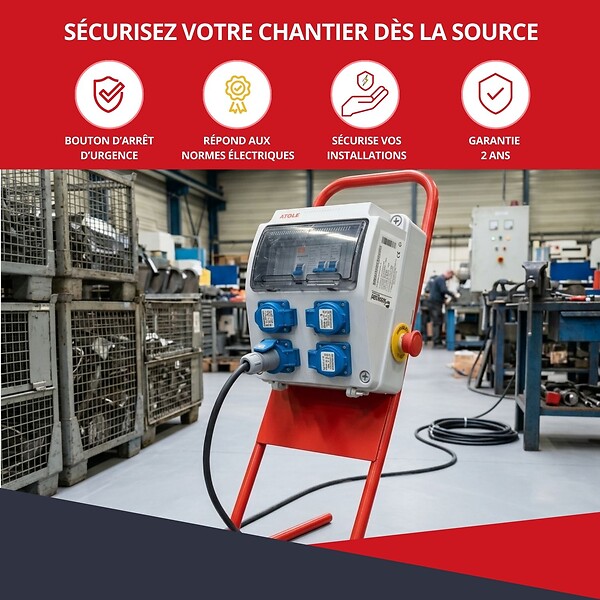 ATOLE - Coffret de Chantier Monophasé 250V ATOLE - 4 Prises NF 2P+T - 16A - 9 Modules - Coffret Électrique sans câble - large