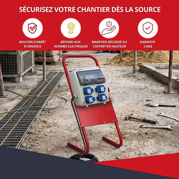 ATOLE - Coffret de Chantier précablé 16A Monophasé avec support en métal - 9 modules – Coffret Électrique, protection différentielle, arrêt d'urgence ATOLE - large