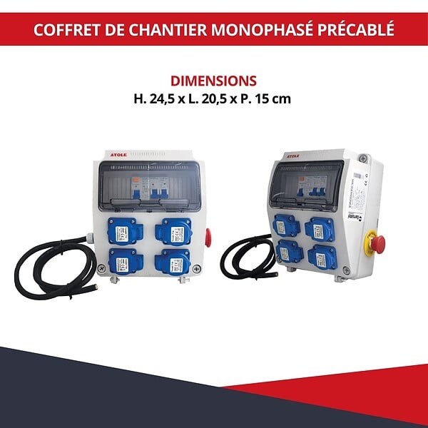 ATOLE - Coffret de Chantier Monophasé 250V ATOLE - 4 Prises NF 2P+T - 16A - 9 Modules - Coffret Électrique avec câble - large