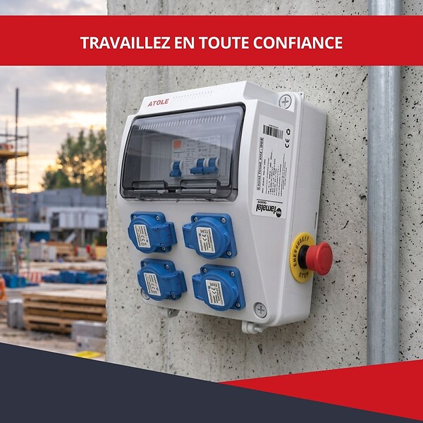 ATOLE - Coffret de Chantier Monophasé 250V ATOLE - 4 Prises NF 2P+T - 16A - 9 Modules - Coffret Électrique avec câble - large