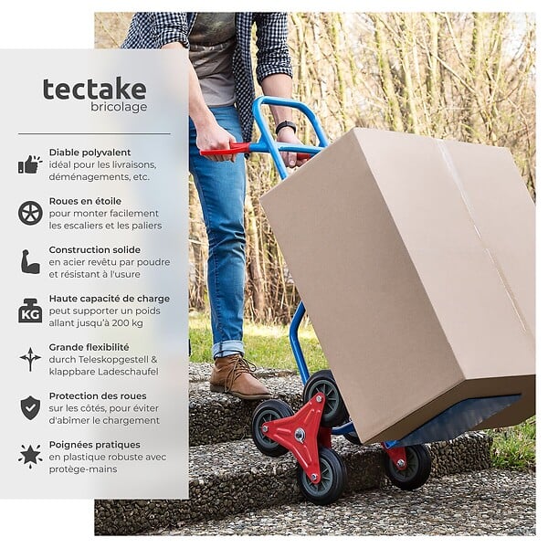 TECTAKE - Diable monte escalier 200 kg plateau pliable 6 roues étoile bleu en acier chariot transport escalier monte charge manuel 103x49x66 cm - large