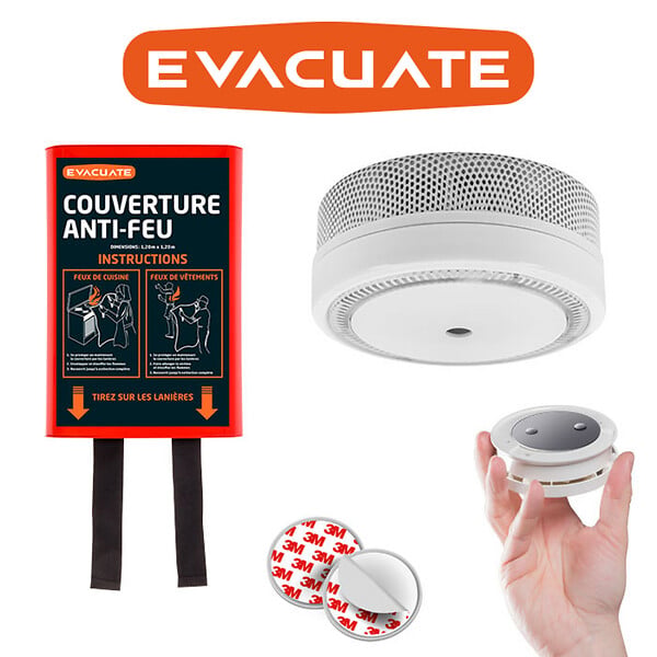 EVACUATE - Détecteur de fumée NF autonomie 10 ans + support magnétique + couverture anti-feu 1,20x1,20 M-EVACUATE - large
