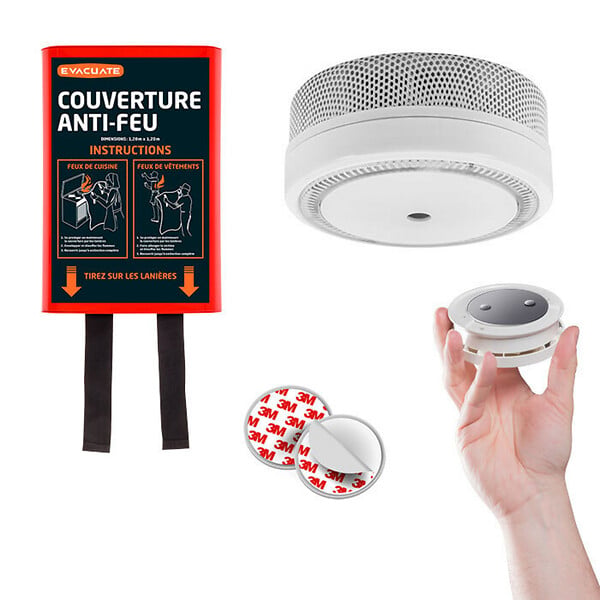 EVACUATE - Détecteur de fumée NF autonomie 10 ans + support magnétique + couverture anti-feu 1,20x1,20 M-EVACUATE - large