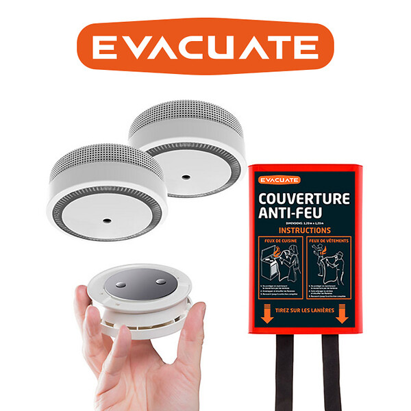 EVACUATE - Pack 2 détecteurs de fumée + 2 supports aimantés + 1 couverture anti-feu-EVACUATE - large