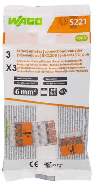 WAGO - Sachet de 3 bornes S221 3 entrées  fils souples et rigides 0.5 à 6mm² - large