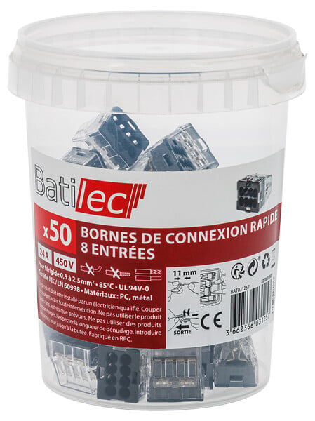 WAGO - BATILEC Pot de 50 bornes 8 entrées pour connexion automatique, idéal pour installations électriques simples et rapides - large