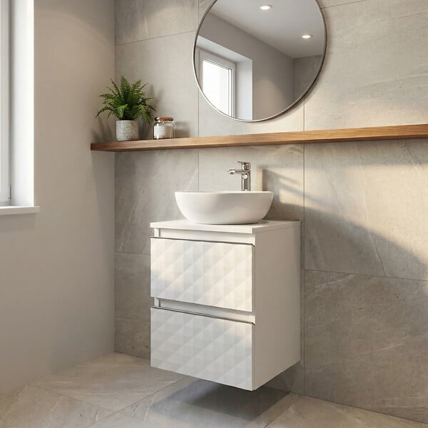 SWISS AQUA TECHNOLOGIES - Swiss Aqua Technologies Armoire murale salle de bain 32,5 x 51 x 33 cm – meuble bas – façade 3D décor pyramide – blanc mat – Cube Way (CUBE3DN322ZBP) - large