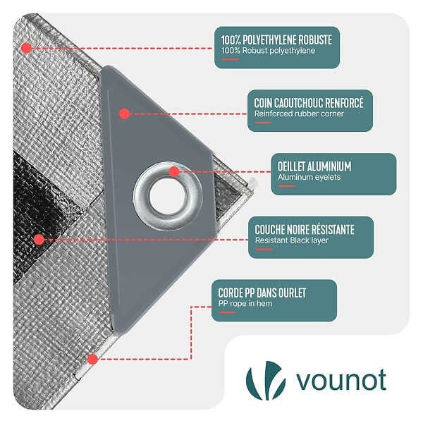 VOUNOT - Bâche de Protection en Polyéthylène resistant et impermeable 180g/m² gris et noir 6x8m - large