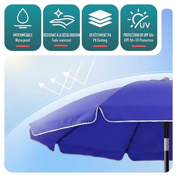 VOUNOT - Parasol de jardin 2m avec ancrage sol et sac de transport Bleu - large