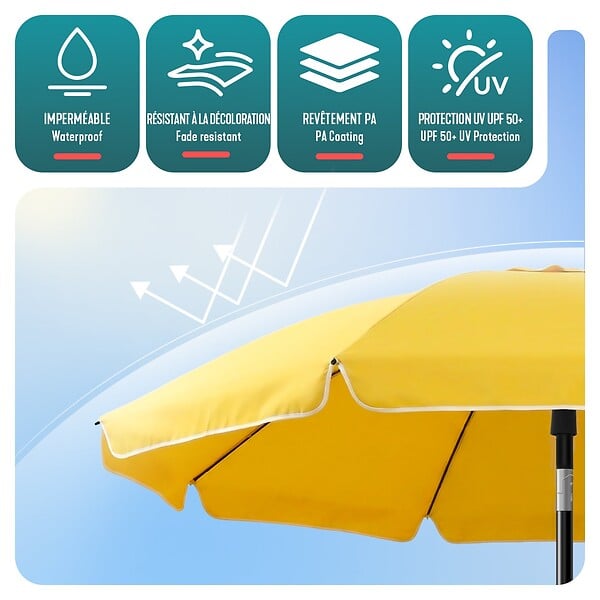 VOUNOT - Parasol de jardin 2m avec ancrage sol et sac de transport Jaune - large