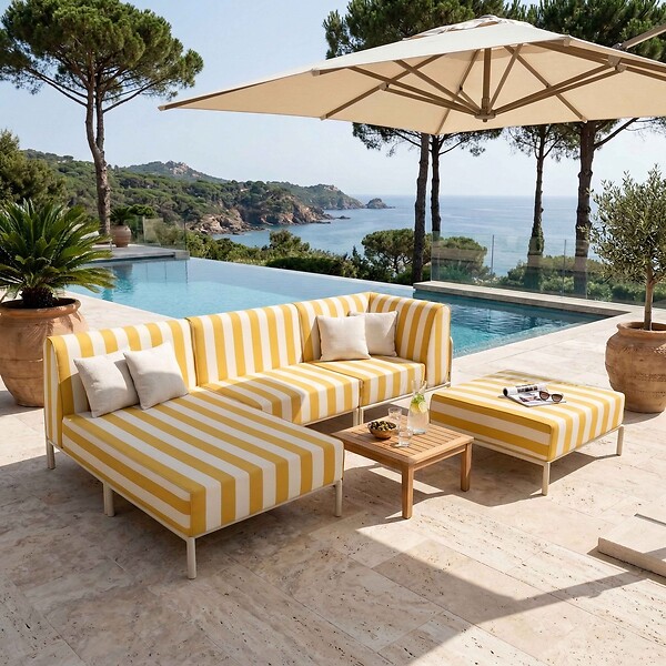 OVIALA - Pouf rayé pour salon de jardin modulable en tissu jaune clair - Patio - large