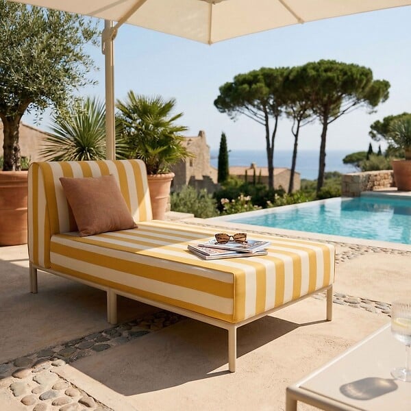 OVIALA - Méridienne rayée pour salon de jardin modulable en tissu jaune clair  - Patio - large