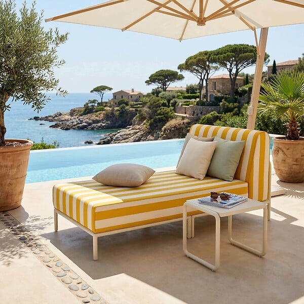 OVIALA - Méridienne rayée pour salon de jardin modulable en tissu jaune clair  - Patio - large