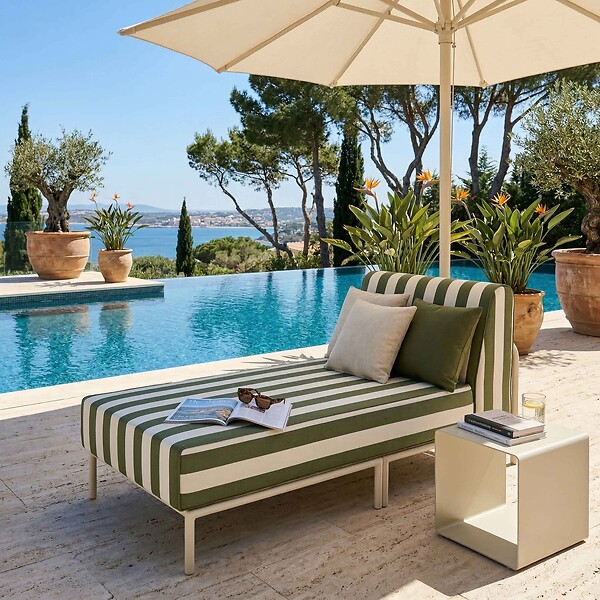 OVIALA - Méridienne rayée pour salon de jardin modulable en tissu vert kaki - Patio - large