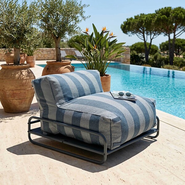 OVIALA - Chauffeuse rayée salon de jardin modulable et structure bleu pacific - Mixi - large