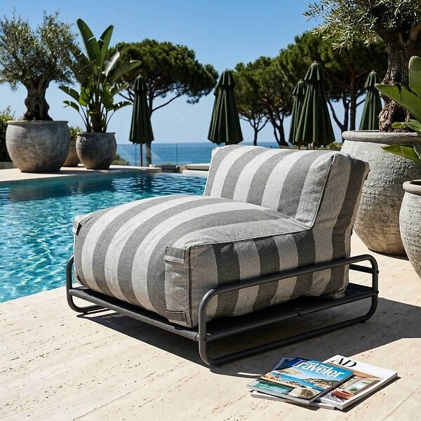 OVIALA - Chauffeuse rayée salon de jardin modulable et structure grise - Mixi - large