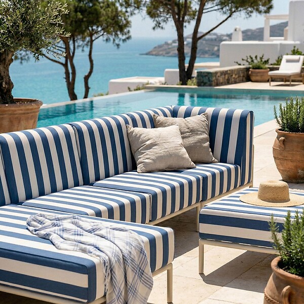 OVIALA - Salon de jardin bas modulable rayé 5 places bleu pacific - Patio - large