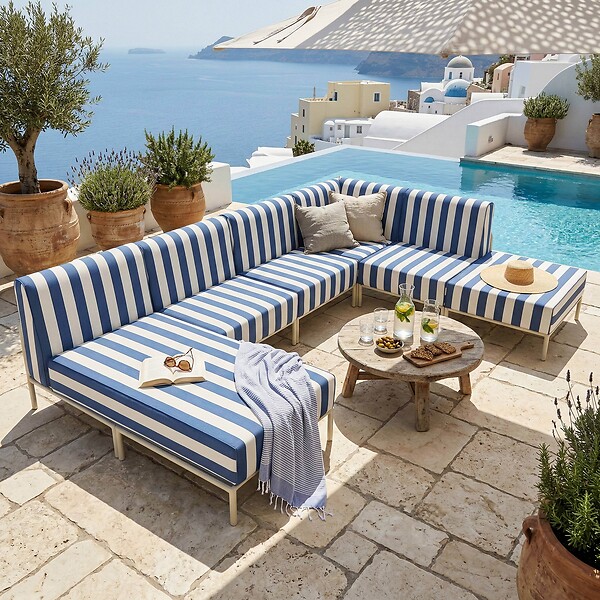 OVIALA - Salon de jardin bas modulable rayé 6 places bleu pacific - Patio - large