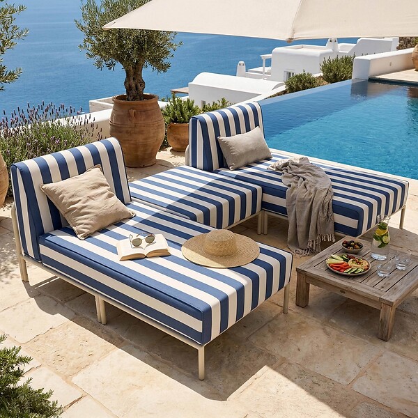 OVIALA - Salon de jardin bas modulable rayé 3 places bleu pacific - Patio - large
