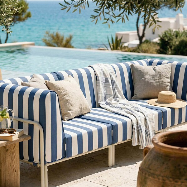 OVIALA - Salon de jardin bas modulable rayé 3 places bleu pacific - Patio - large
