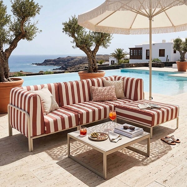OVIALA - Salon de jardin bas modulable rayé 4 places terracotta - Patio - large