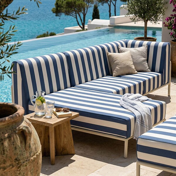 OVIALA - Salon de jardin bas modulable rayé 4 places bleu pacific - Patio - large
