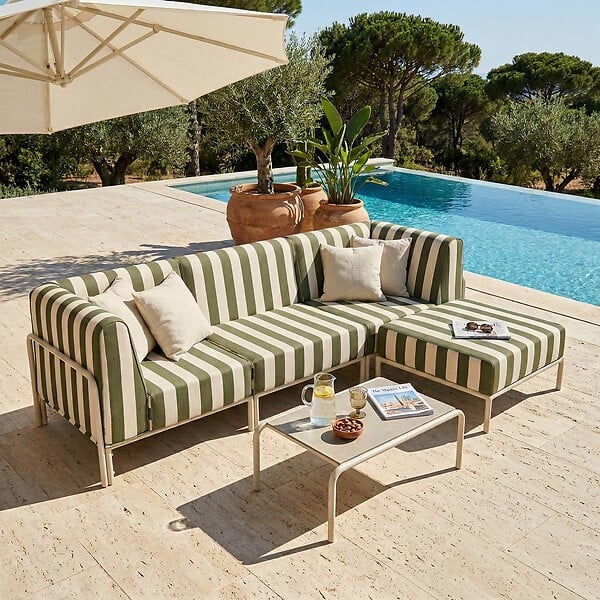 OVIALA - Salon de jardin bas modulable rayé 4 places vert kaki - Patio - large