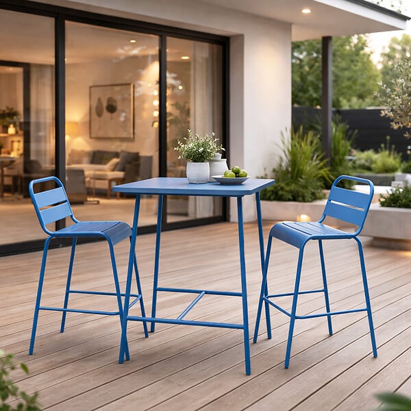 CONCEPT USINE - Ensemble table de bar et 2 chaises hautes d'extérieur bleu BERGAME - large