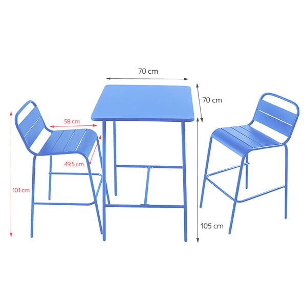 CONCEPT USINE - Ensemble table de bar et 2 chaises hautes d'extérieur bleu BERGAME - large